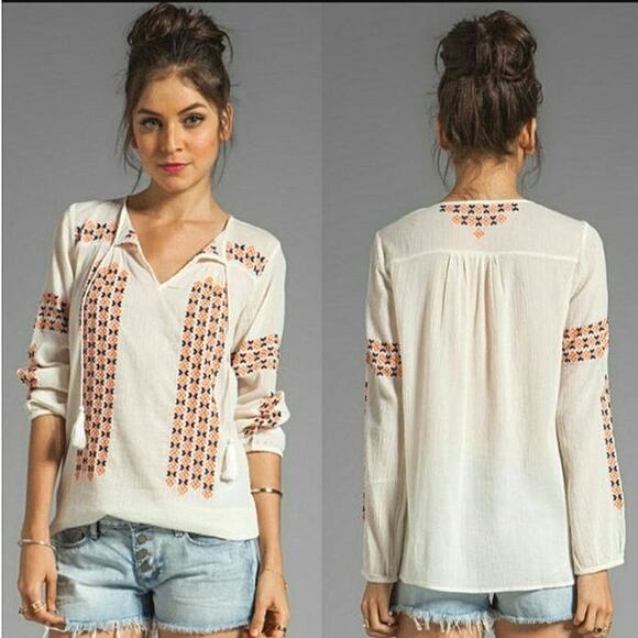 Joie Embroidered Boho Peasant Top Long Sleeve Lightweight Ivory Cream Cotton M - Picture 9 of 16